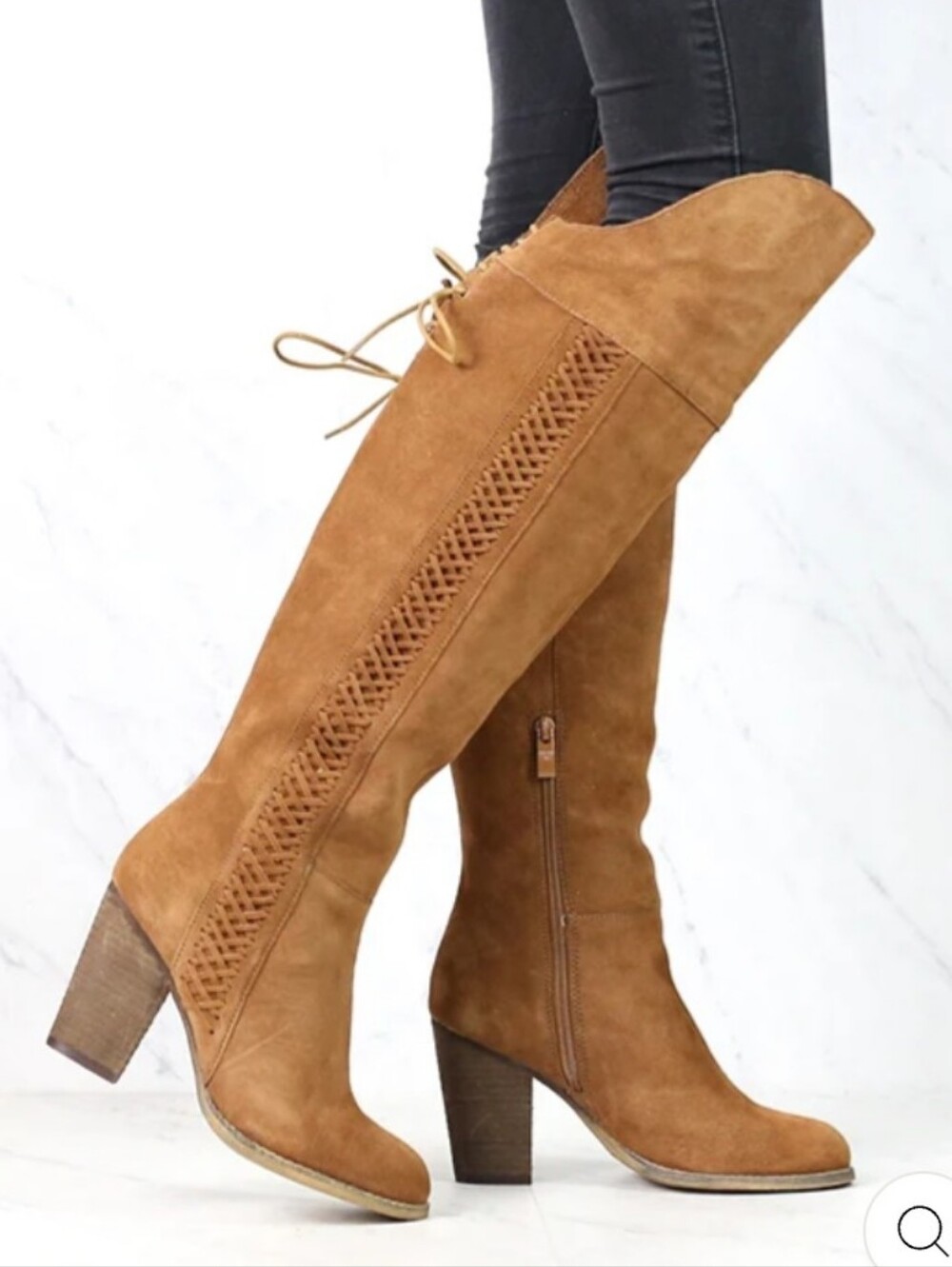 Sbicca Gusto Boho Coastal Cowgirl Tan Suede Braided Above Knee Heeled Boots Sz 7